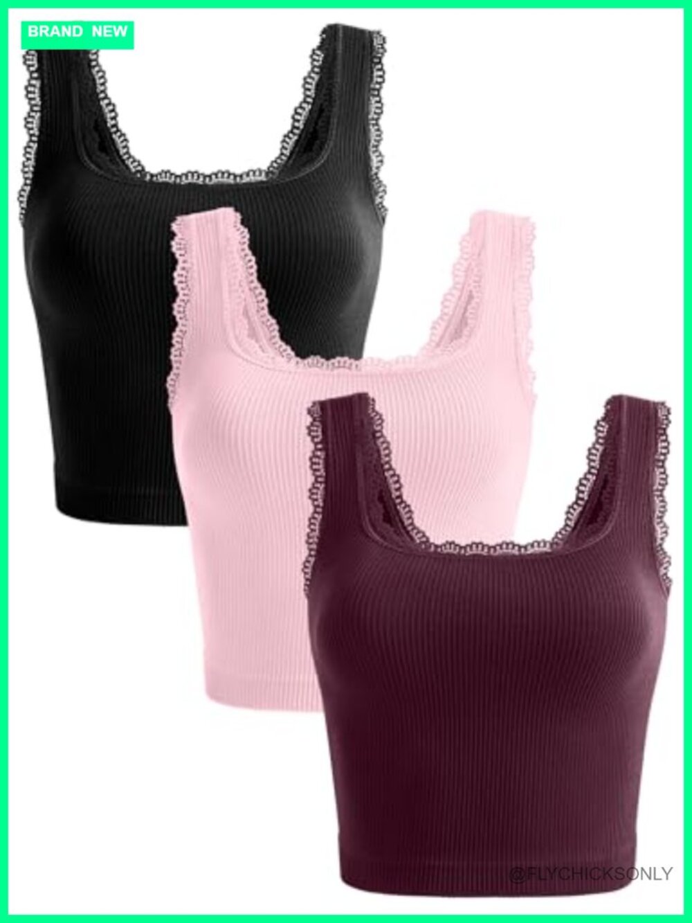 3 Pack Women's Lace Trim Square Neck Crop Tank Tops Ribbed Camis